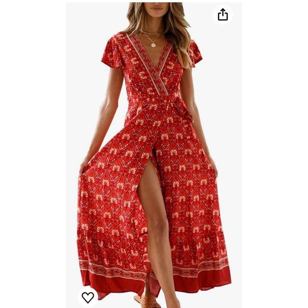 Womens Boho Chic Paisley Floral Maxi Dress Cottage Small Red Coastal‎ Flowy